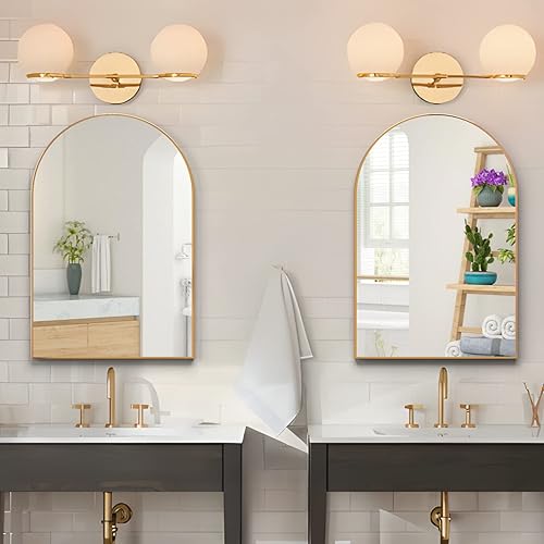 Miniatura 6 de Espejo de pared arqueado para baño, espejo arqueado de 20 x 30 pulgadas, espejo de pared con marco de metal, espejo de tocador dorado para