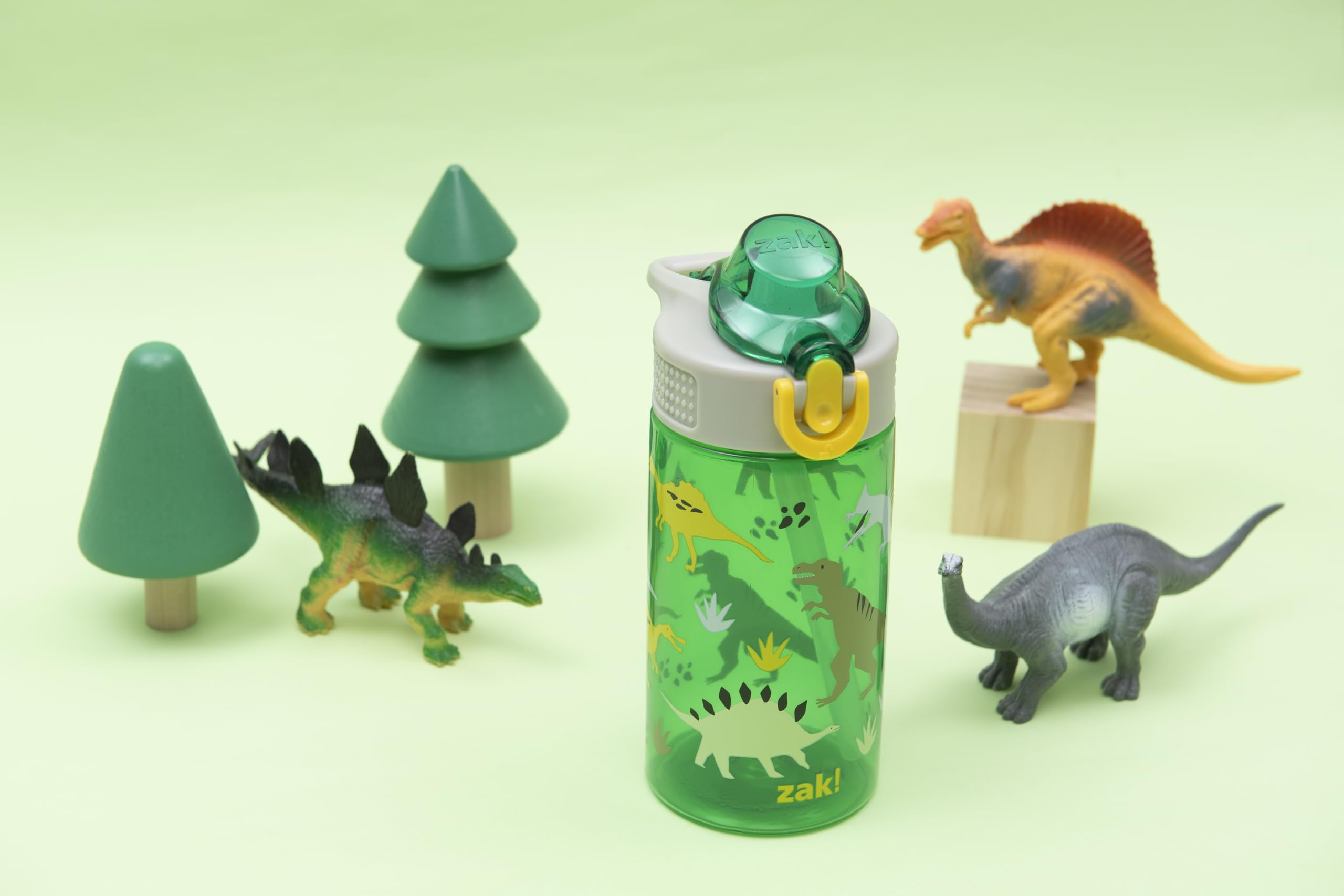 Zak Designs Sage Kinder-Wasserflasche für Schule, Reisen oder zu Hause, 473 ml, langlebige Kunststoff-Wasserflasche mit Strohhalm, Griff und auslaufsicher, Pop-Up-Auslaufabdeckung (Dino)