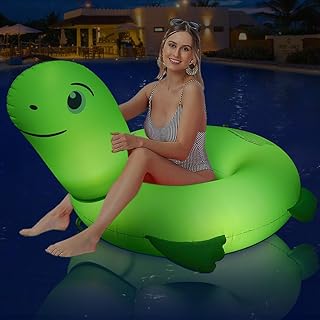 Ciavca Inflatable Turtle Pool Floats with Lights, Solar Powered Pool Turtle Floaties for Adults, 42" Large Animal Swim Tube Ring Pool Float with Handle/Cup Holder, Fast Valves Beach Pool Lounge