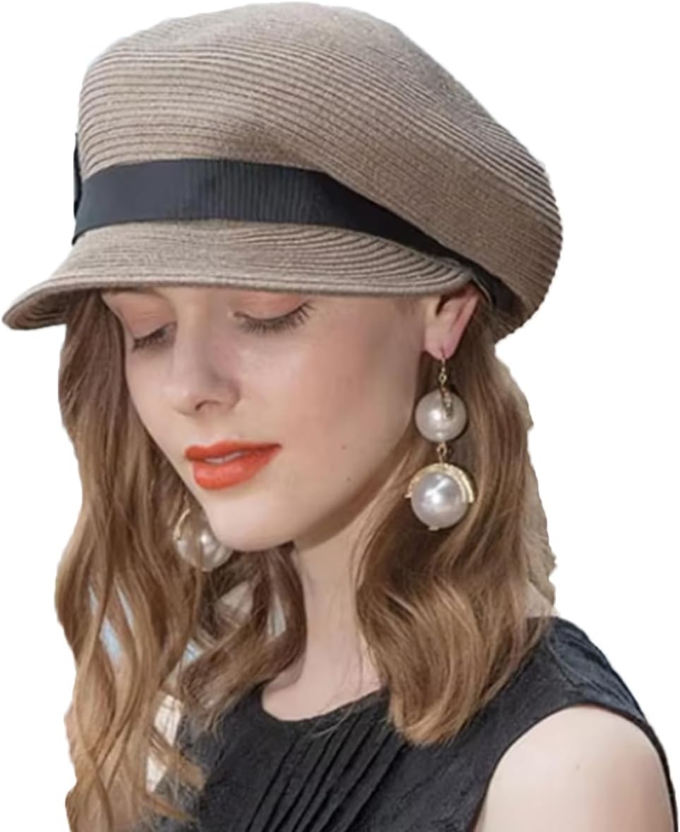 Women's Wide Brim Straw Sun Hat - Foldable Beach Hat with Black Bow,Newsboy Packable Duckbill Visor for Summer Travel