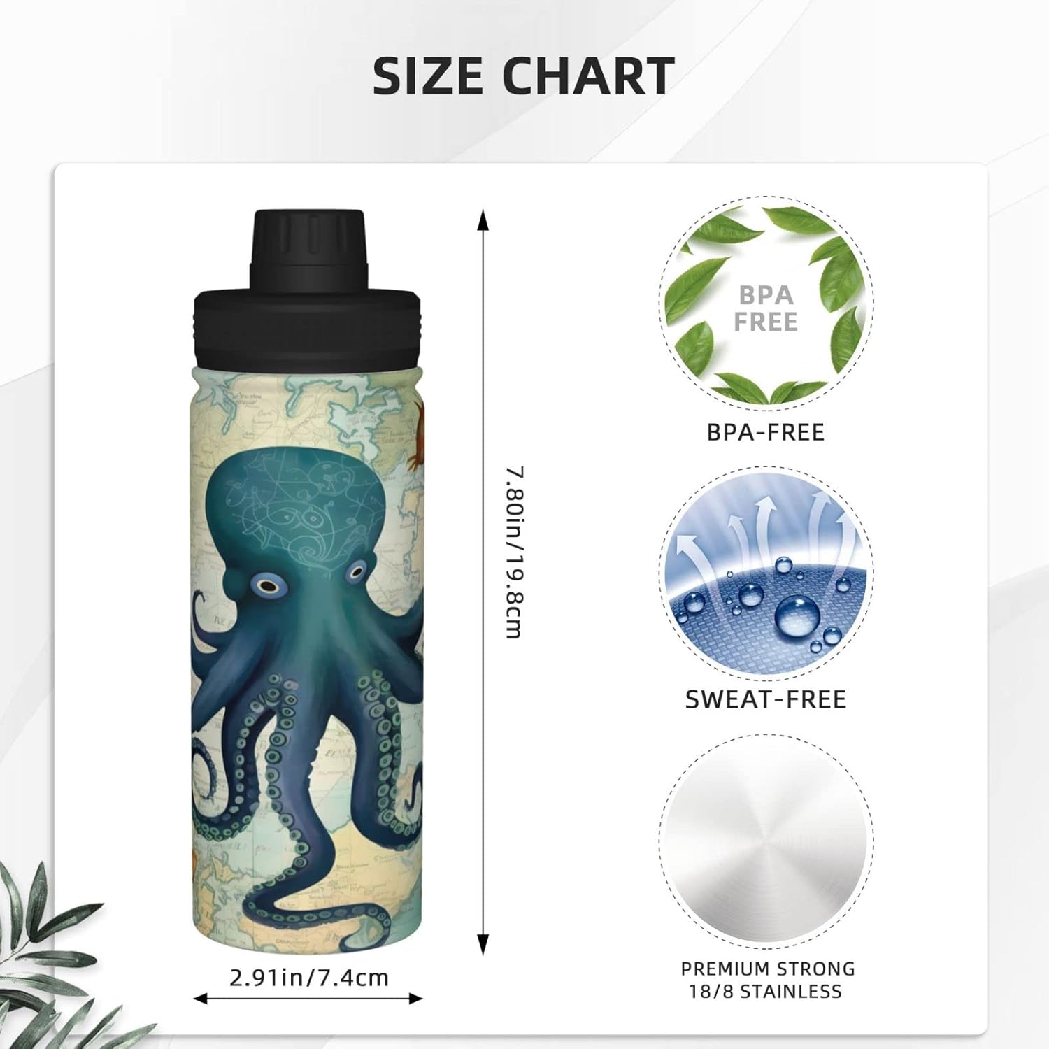 Ouqiuwa Sports Water Bottle Ocean World Octopus Insulated Stainless Steel Water Bottles, 18 oz Water Cup Flask for Fitness Outdoor Sports Gym Running