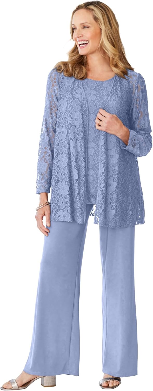 Woman Within Plus Size 3-Piece Lace Jacket/Tank/Pant Set