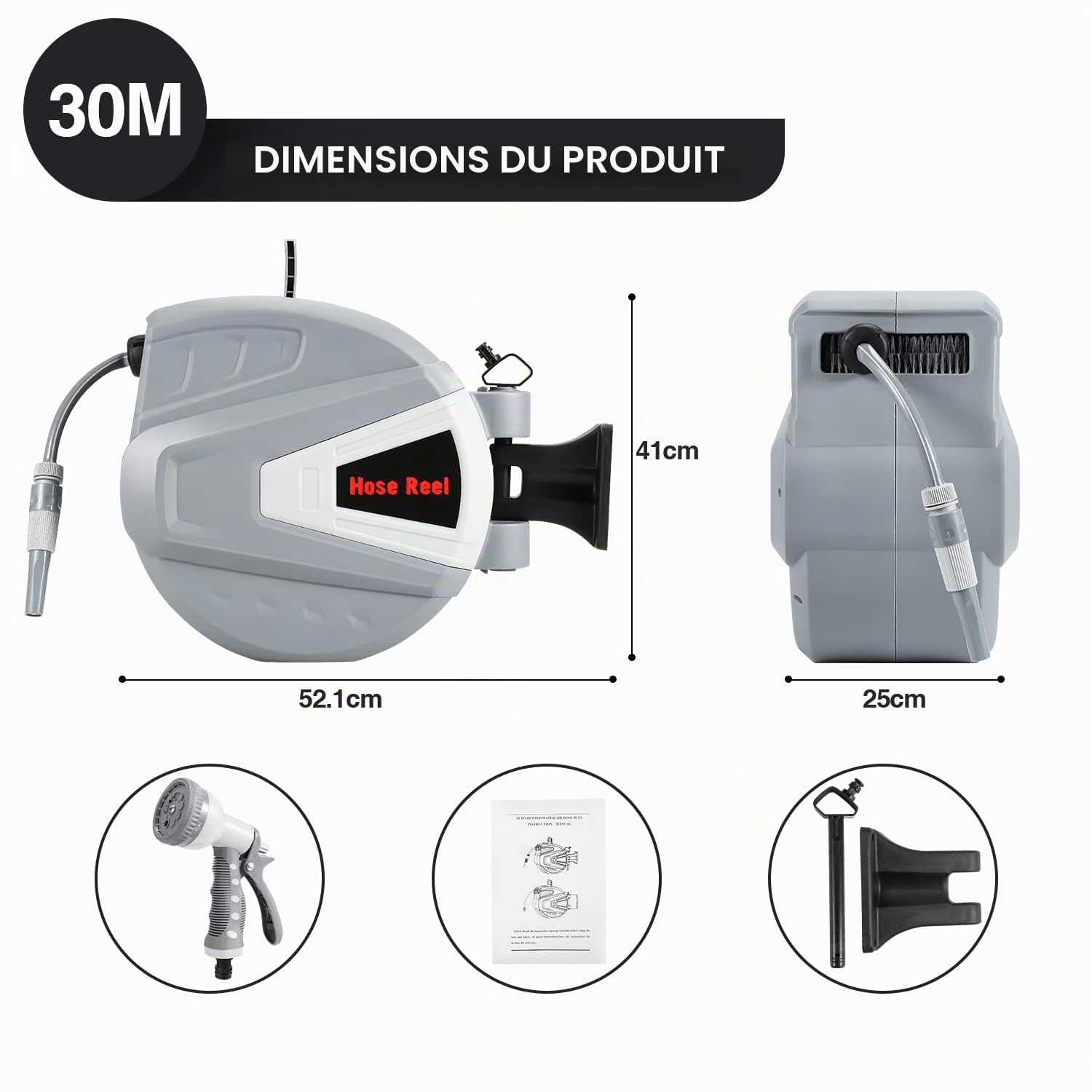 Enrouleur de tuyau 30m+2m avec douchette et tuyau d'arrosage, Enrouleur de tuyau 180° étrier pivotant, Enroulement automatique, Blocage de n'importe quelle longueur- Gris