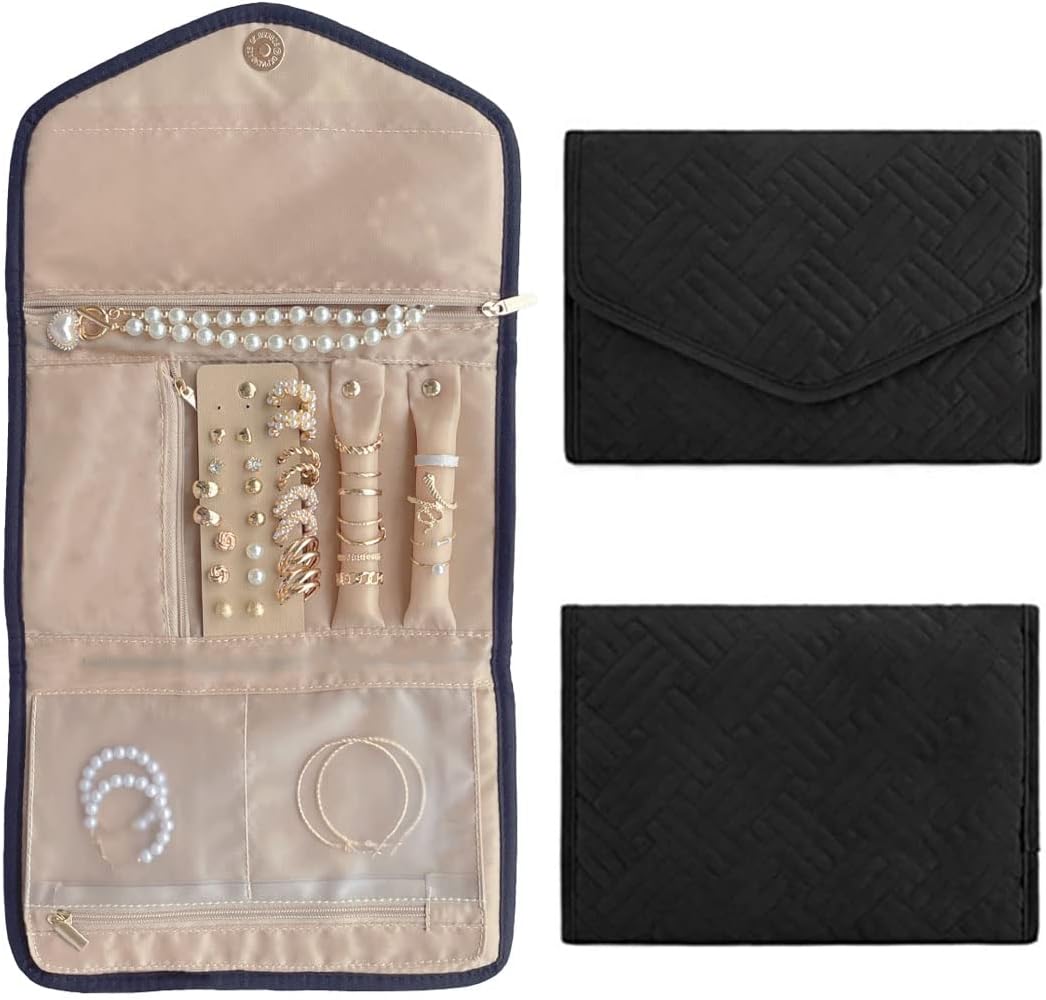 RT&BS Jewelry Roll Organizer Travel, Travel Jewelry Roll for Women Girls, Valentine's Day Gift for Girls Women (Black, M)