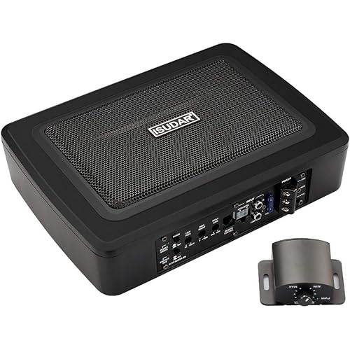 ISUDAR 9 inch Slim Max 600W Subwoofer Active Powered Underseat Car Audio Subwoofer with Built-in Amplified for Car/Truck with Remote Control, Support Low & High-Level Inputs, Black