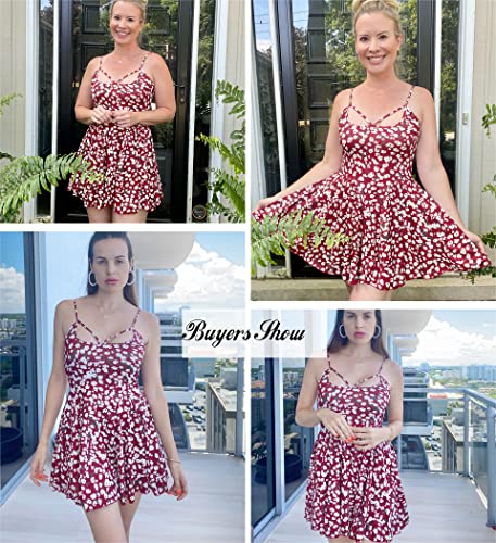 Adome Floral Dress For Women Sexy Spaghetti Strap Club Party Dress Ruffle Hem Slip Dress (Wine Red Floral, X-Large) #TOP2