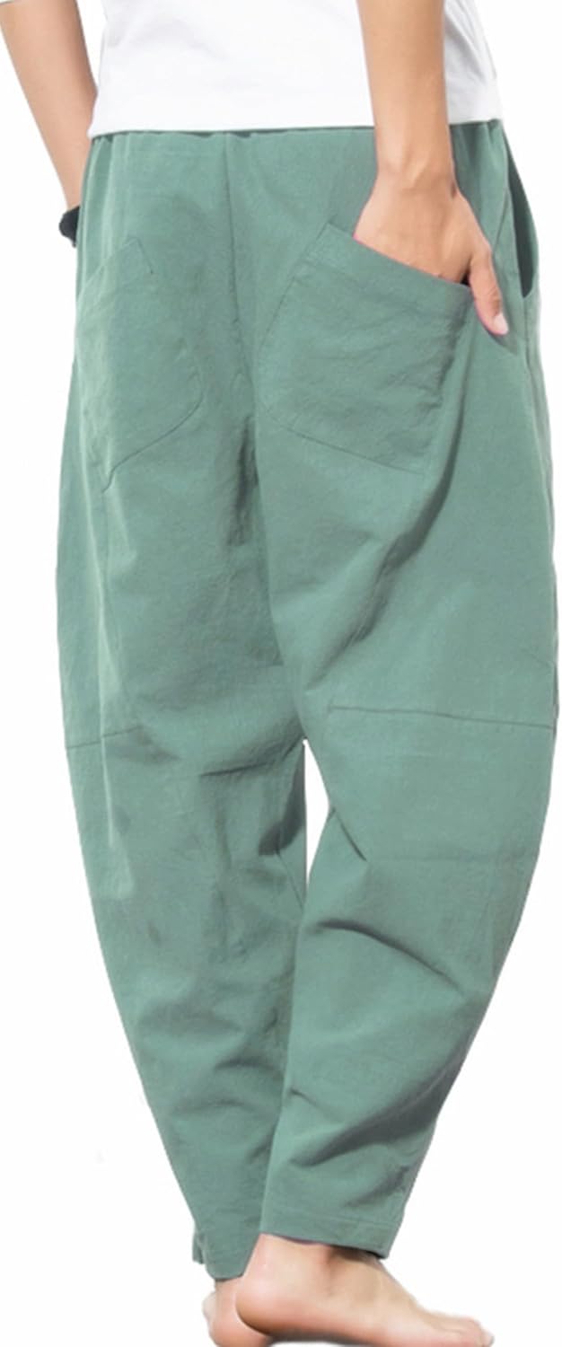Men's Casual Cotton Linen Pants Elastic Waist Drawstring Beach Summer Lightweight Trousers - Image 3