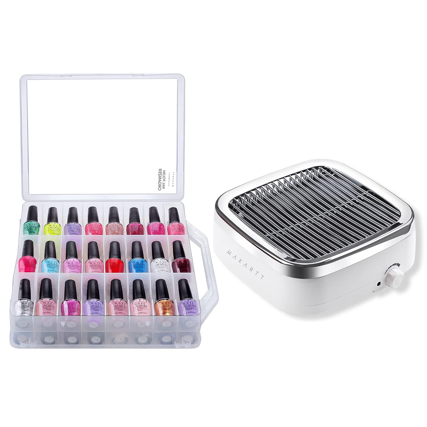 Makartt Nail Polish Organizer Clear Universal Nail Polish Holder for 48 Bottles Bundle with Nail Dust Collector 60W