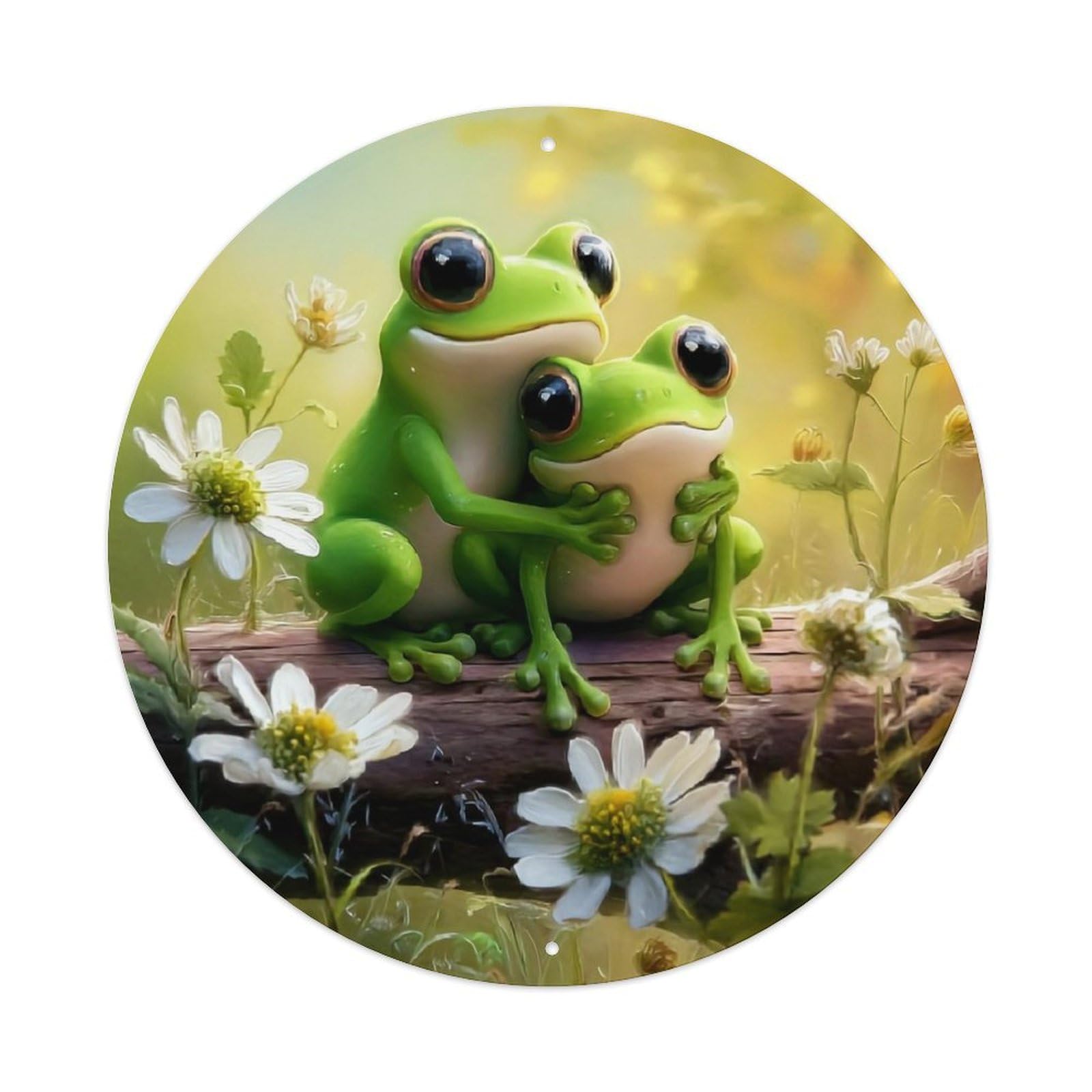 Cute Frogs Hugging On Log Vintage Metal Tin Sign Retro Wall Decor for Home Bar Garage Cafe, Indoor & Outdoor Decorative，circle Metal Poster, 8x8 Inch