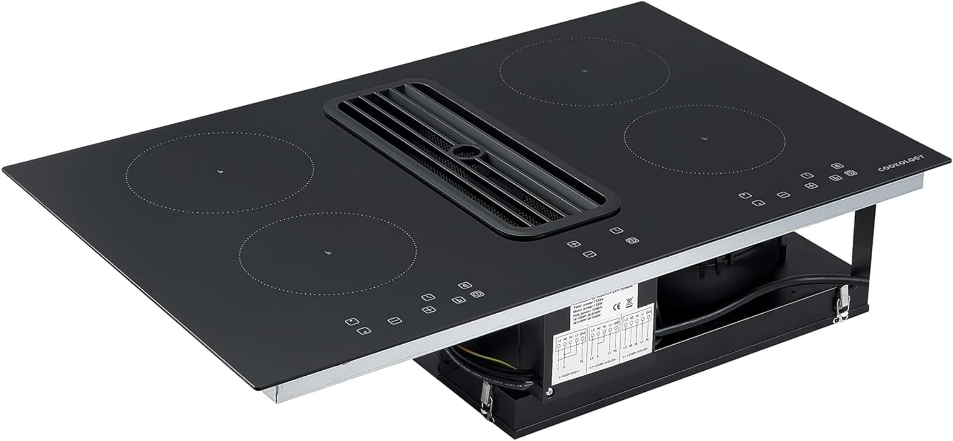 Cookology CIHDD800 80cm Electric Induction Hob in Black - 4 Cooking Zone - Built-in Downdraft Extractor Fan with 3 Speeds - Child safety Lock - Touch Control Panel