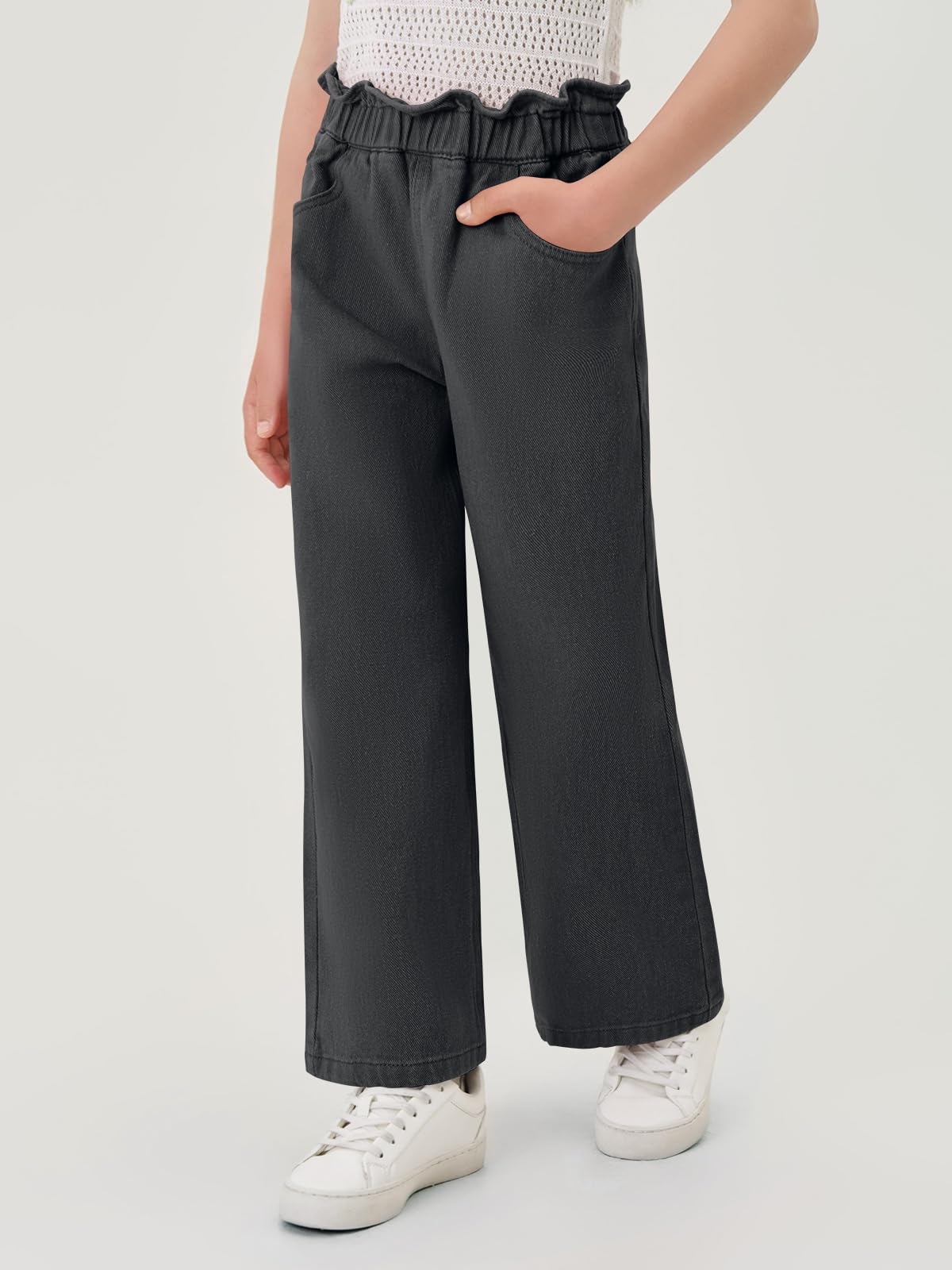 Haloumoning Lindos jeans acampanados de pierna ancha para niñas, pantalones de gran tamaño con cintura elástica y bolsillos de 5 a 14 años