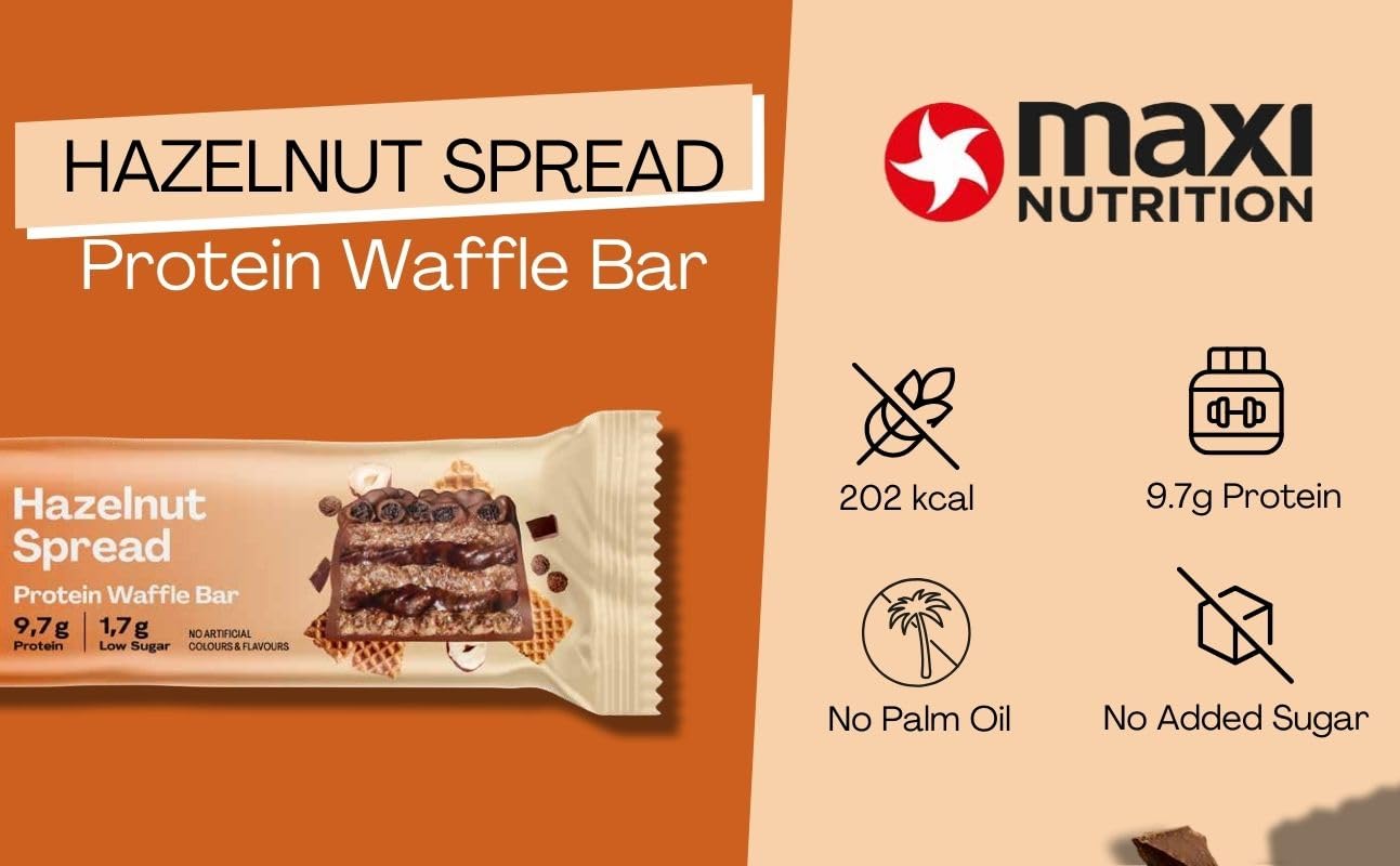 MaxiNutrition Hazelnut Spread - Gofre de proteínas, 25% de proteínas, 202 kcal, (12 barras de proteínas x 39 g), sin azúcar añadido (Crema de avellana)