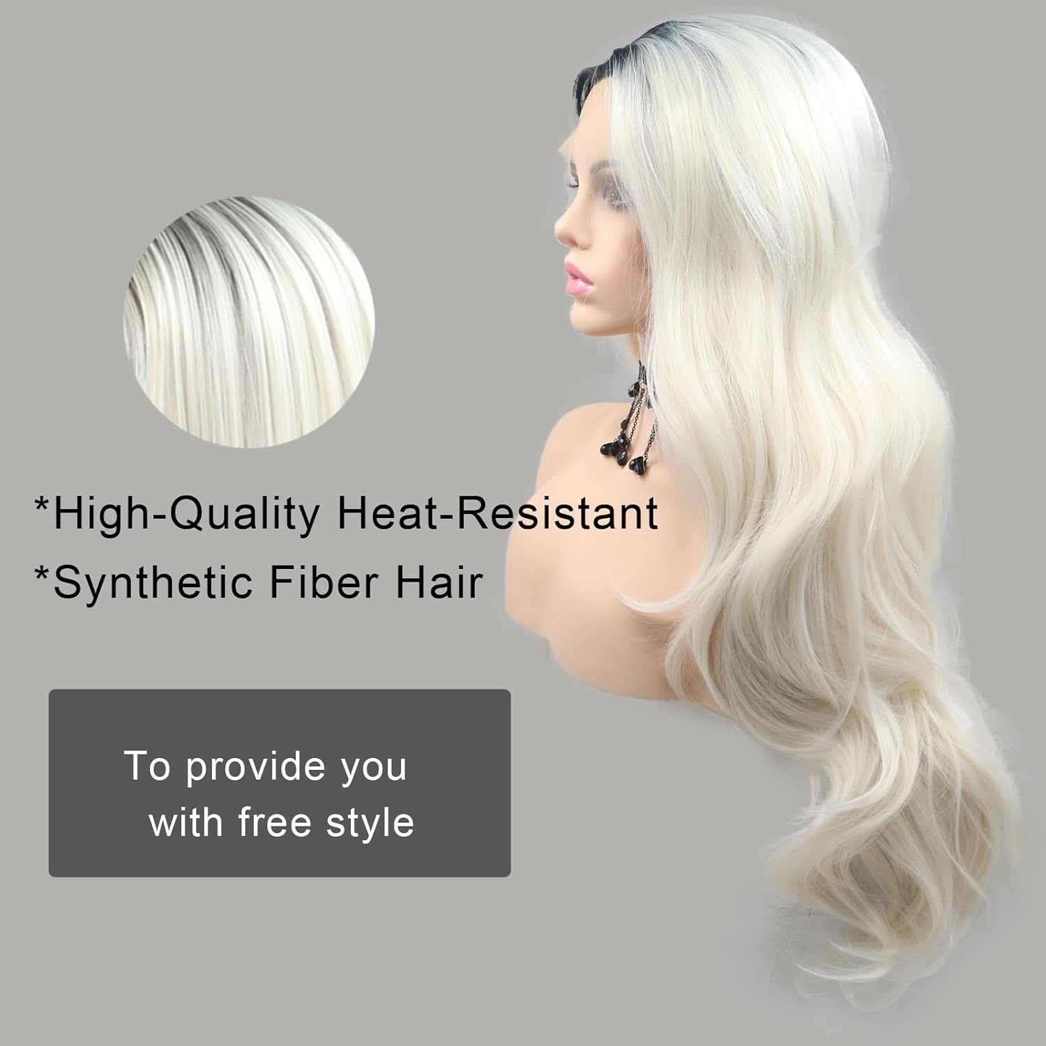 Platinum Blonde Hair Synthetic Lace Front Wig Pre Plucked Wavy Middle Part Glueless Wigs Long Ombre Platinum Blonde with Dark Roots Heat Resistant Hair Ready to Wear for Party Cosplay 26Inch