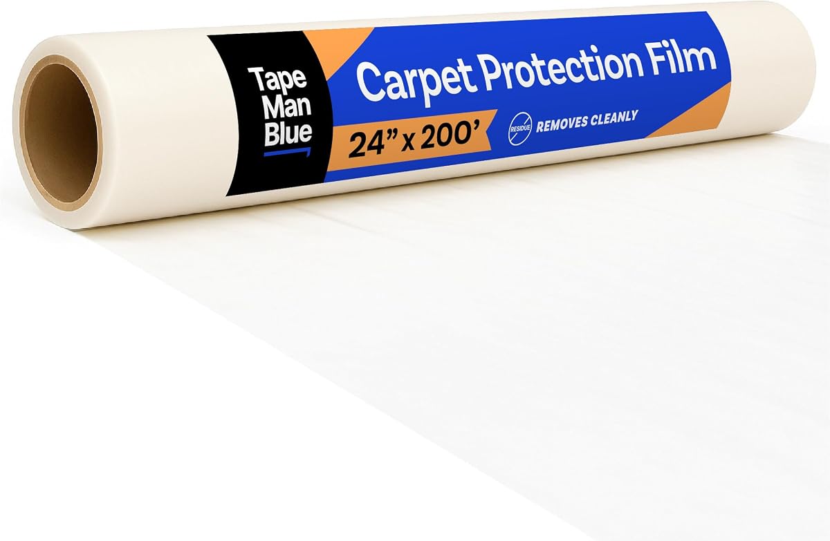 TapeManBlue Carpet Protection Film 24" x 200' roll, Self Adhesive Plastic Carpet Protector Film with Clean Removal & Easy Unwind, Durable Protection Tape to Shield Your Surface from Dirt and Spills
