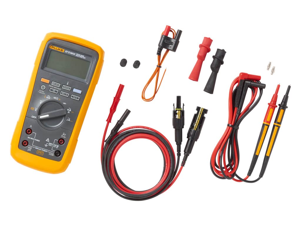 Fluke87V Max True-RMS Digital Multimeter with Solar Test Lead Kit, CAT III 1000v Rated Multimeter, Waterproof and Dustproof IP67 Case, and MC4 Test Leads and Holster