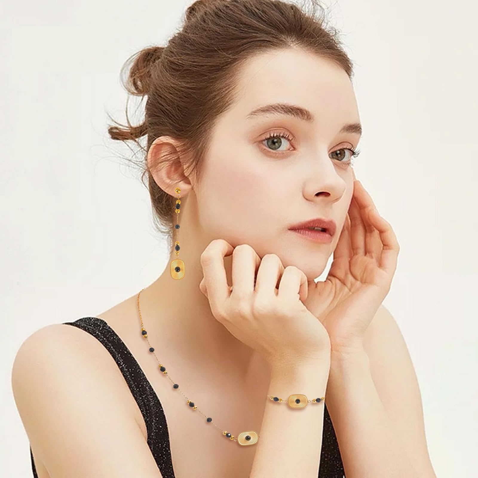 Juego de joyas de cuentas de piedra natural para mujer, juego de collar y aretes de bola redonda de acero inoxidable, regalo de Navidad para madre y esposa