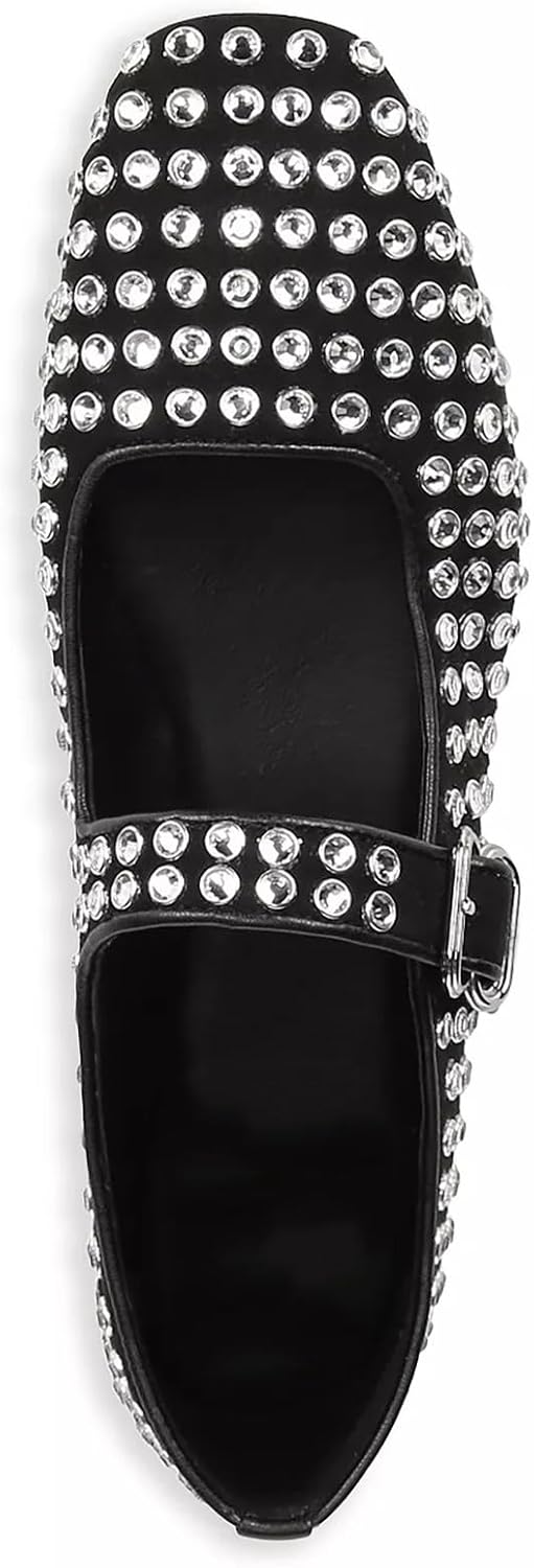 olomisa Rhinestones Ballet Flats for Women, Sparkly Mary Jane Flats Ballerina Square Toe Buckle Strap Shoes - Image 4