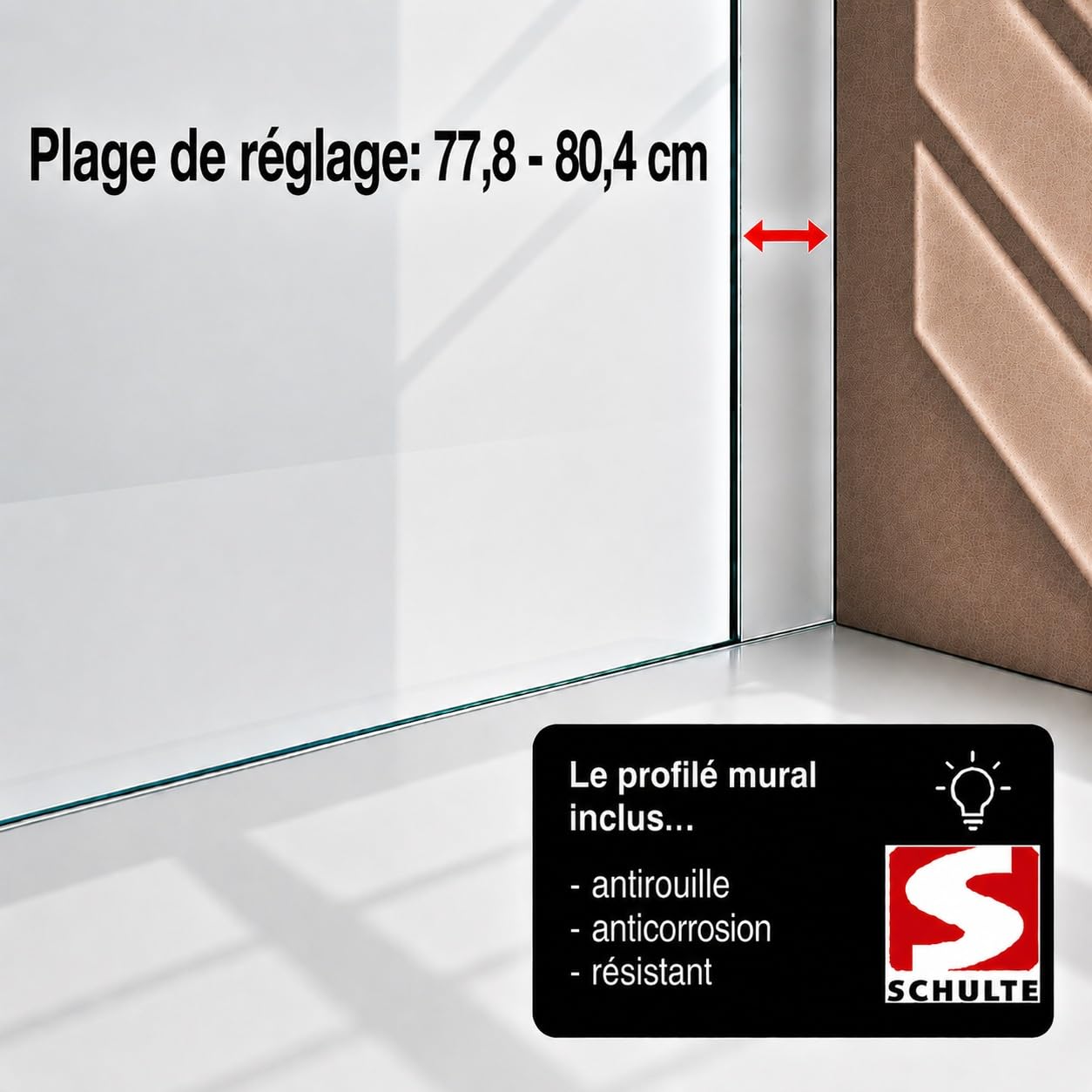 Schulte porte douche pivotante niche 80 x 192 chromé autolevant réversible | verre trempé anti-calcaire réglage 77.8-80.4 cm largeur d'accès 69.5 cm