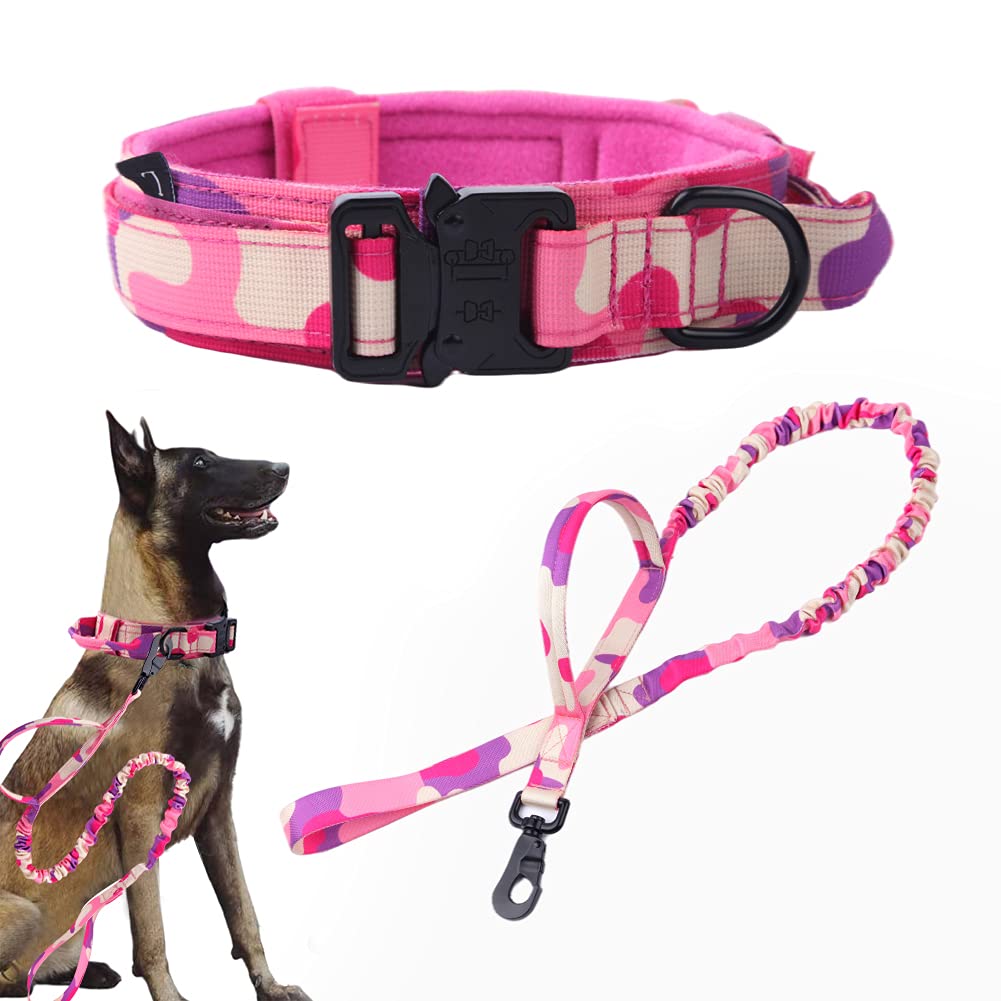 Xqpetlihai Tactical Dog Collar and Leash Set Adjustable Military Nylon Dog Collar with Control Handle and Heavy Duty Metal Buckle for Large Dogs（Pink