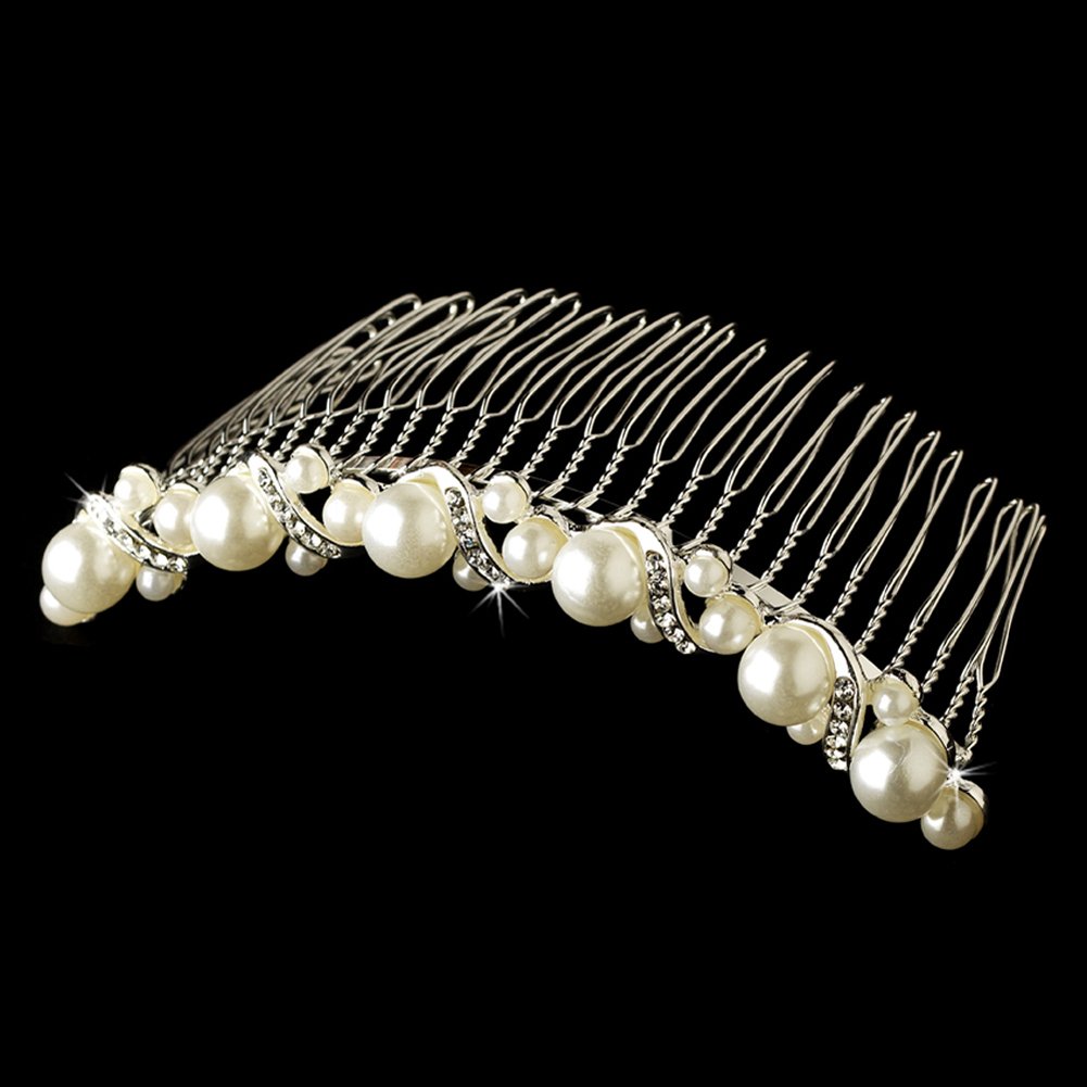 Elegant Pearl & Rhinestone Ribbon Wedding Bridal Tiara Comb