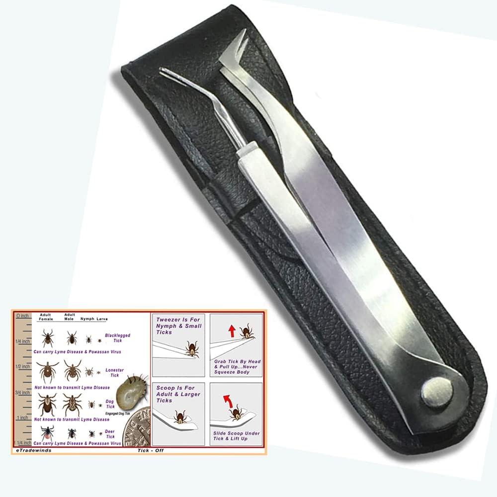 Tick Remover Tool Kit Tweezers & Tick Identifier Card - Hygienic All Stainless Steel Tick Removal Instrument Ideal for Human, Dog, Cat & General Pet Tick Puller w/Leather Case