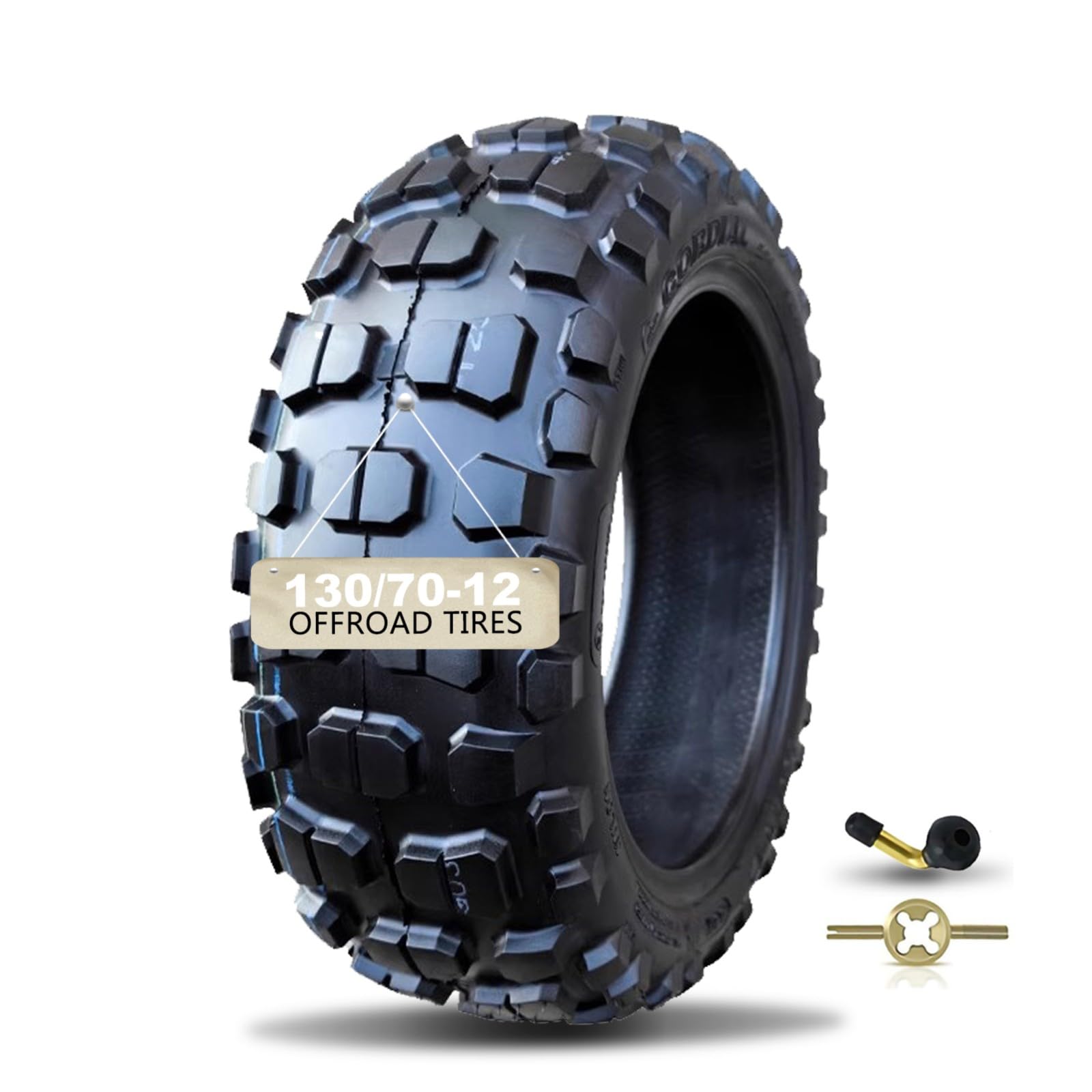 130/70-12 Roller-Schlauchlosreifen, Stollenreifen mit blockförmigem Profil, durchschlagfest, Offroad-Reifen, 130/70-12 Dirtbike, mit Ventilschaft, Pneu 4 P.R., 225 kPa, 56K, Offroad-Reifen