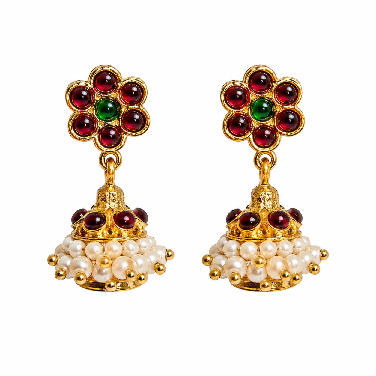 Red kemp Small Jhumka Earrings for Women | Temple Jewellery Gold Plated Jimikki Kammal | Bharatanatyam & Classical Dance Earrings | South Indian Kemp Pearl Jhumki | Traditional Ethnic Statement Earrings-image-38