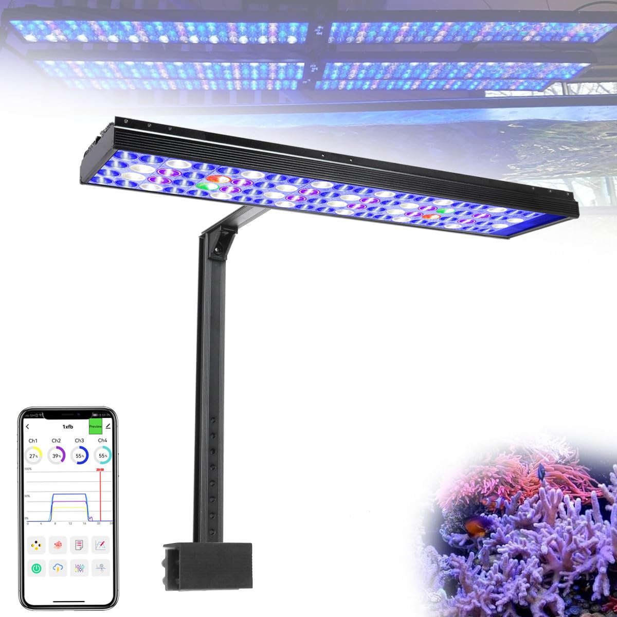 PopBloom Hertz 54 LED Aquarium Light, Smart APP Control Fish Tank Light Reef Lights for Coral 60CM 24inch Marine Tank Saltwater Fish Aquarium Light(Arm Mounting Way)