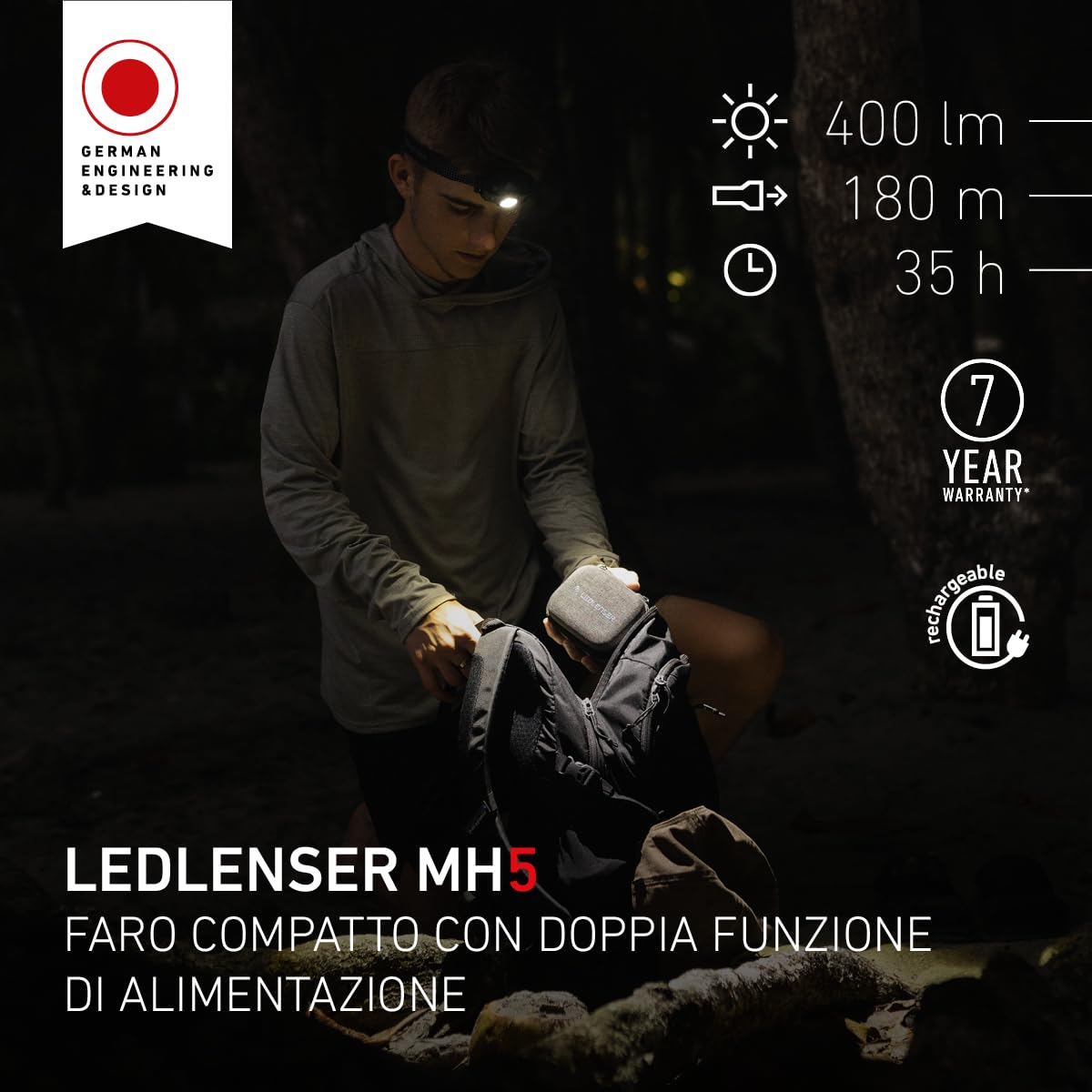 Ledlenser MH5 Torcia Frontale LED da Outdoor, Nera/Grigia, Ricaricabile con Batteria, 400 Lumen, autonomia Fino a 35 Ore, Luce Rossa, Possibile Uso con 1 Batteria AAA, clipmetallica