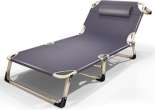 HZH Cama de acampamento dobrável, cadeira relaxante ergonômica, espreguiçadeira confortável com apoio de cabeça, carga 150 kg, para acampamento na praia, jardim e jardim ao ar livre
