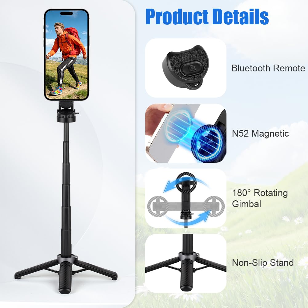 Ainiv Magnetyczny statyw na telefon komórkowy, 4 w 1, statyw do selfie, obracany o 360°, stojak na telefon z bezprzewodowym pilotem zdalnego sterowania, składany stojak na telefon komórkowy