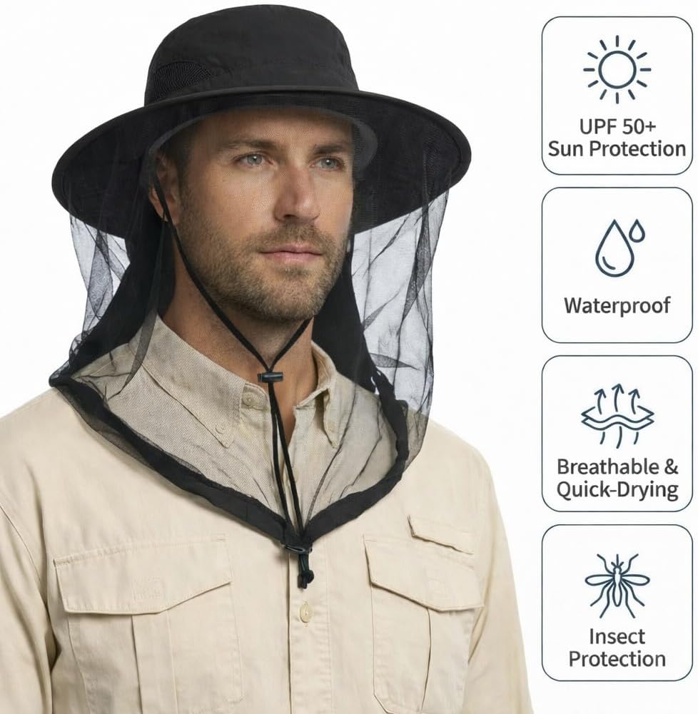 Mosquito Net Hat UPF 50+ Sun Protection, Beekeeper Hat with Stowable Neck Flap, Lightweight Outdoor Fishing Hiking Camping Gardening Bug Shield for Men & Women Black - Image 4
