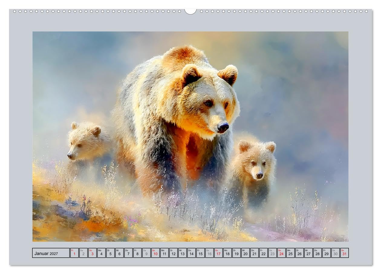 Braunbären. Teddy-Familie im Einklang mit der Natur (Wandkalender 2027 DIN A2 quer), CALVENDO Monatskalender: Malerische Illustrationen zeigen ... Licht und harmonischer Natur (CALVENDO Tiere)
