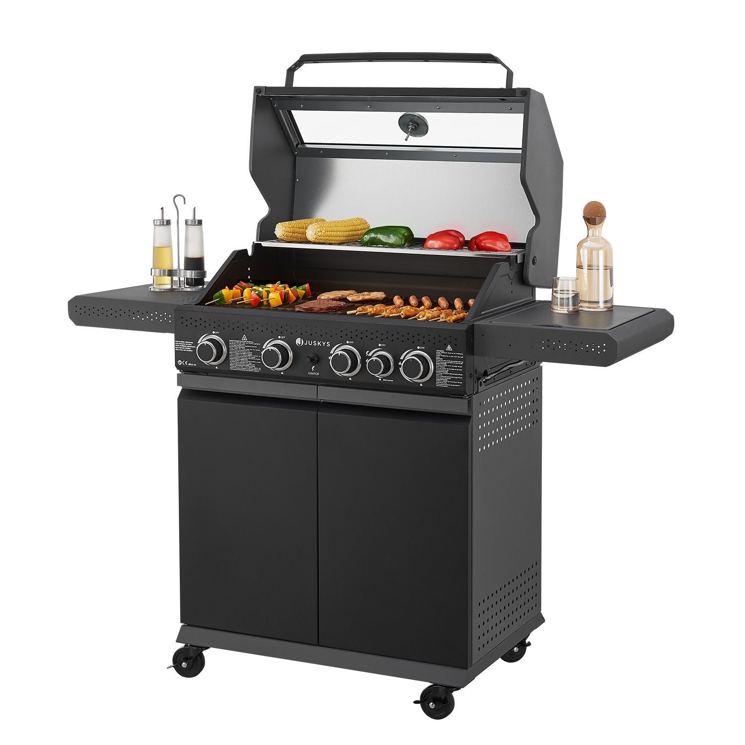 Juskys Grill gazowy Savannah – 4 palniki i 1 palnik boczny – stalowy grill gazowy XXL z żeliwnym rusztem do grillowania, płyta kuchenna, szafka pod butlę gazową