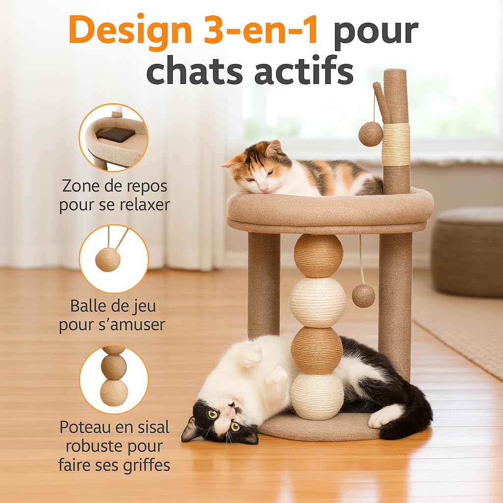 Tiragraffi per gatti beige – albero stabile con cuccia e piattaforme – tiragraffi moderno per gatti grandi e piccoli da interno