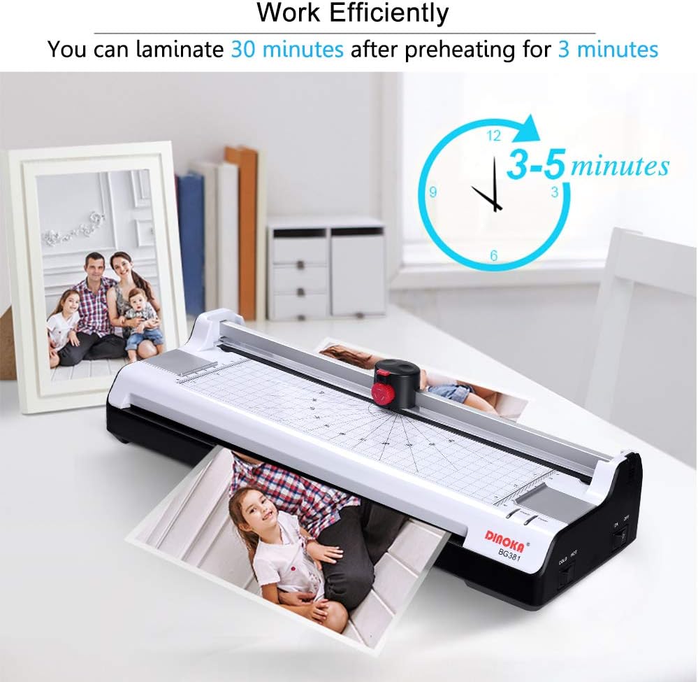 DINOKA Laminator warming up, showing a clock indicating 3-5 minutes warm-up time.