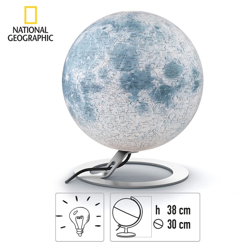Tecnodidattica - Mappamondo National Geographic Luna | Cartografia Lunare | Luminoso e girevole | Base in alluminio | Design Studio Tools | Diametro 30 cm