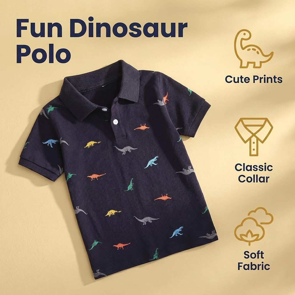 Boys Dinosaur Graphic Collared Dress Polo Shirts for Child Toddler 2-7years