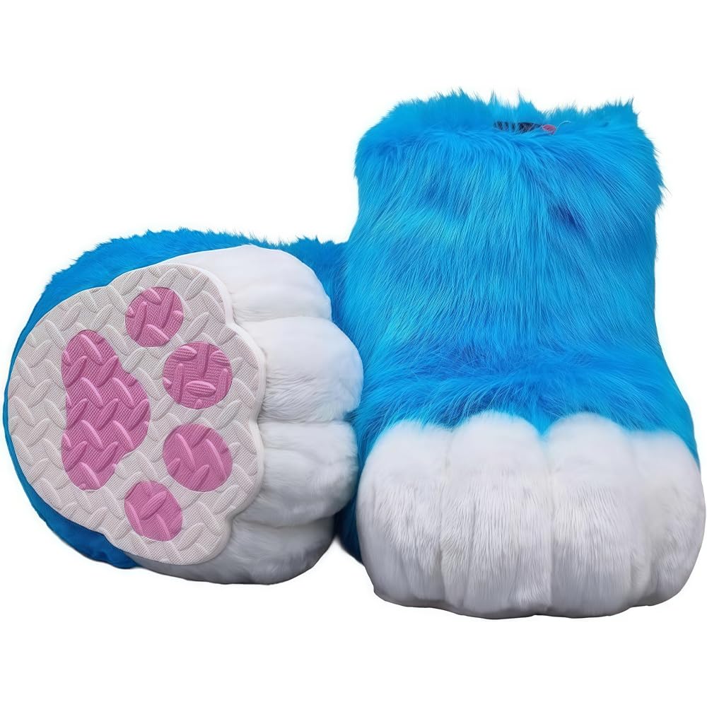 Fursuit feet paw Shoes kit Plush Furry Boots fursuit Costume paw Shoes Halloween Accessories Cosplay Costume Comic Exhibition (Green, 11 in) (Kong Blue, 10.63in)