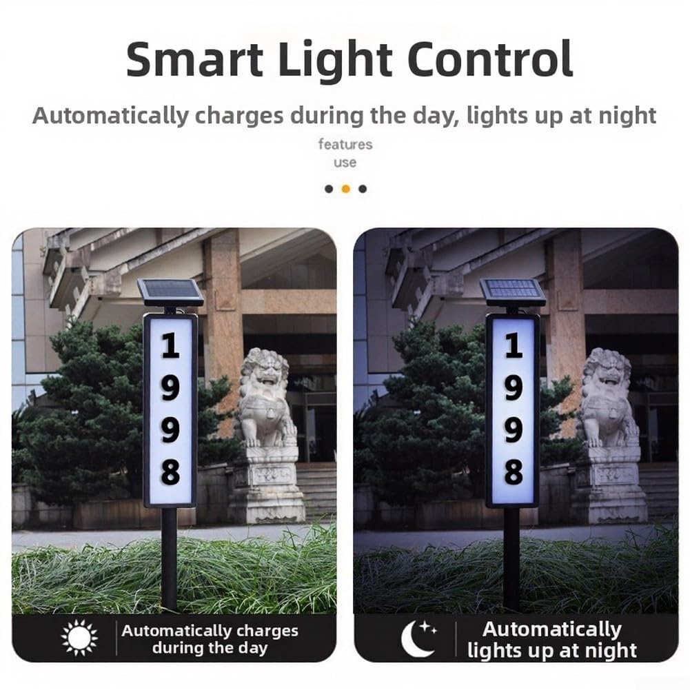 Targa solare a LED con numero civico impermeabile, altezza 102 cm, con picchetto, 3 temperature di colore, altezza regolabile, doppio pannello solare per esterni, giardino, vialetto, bianco, set di