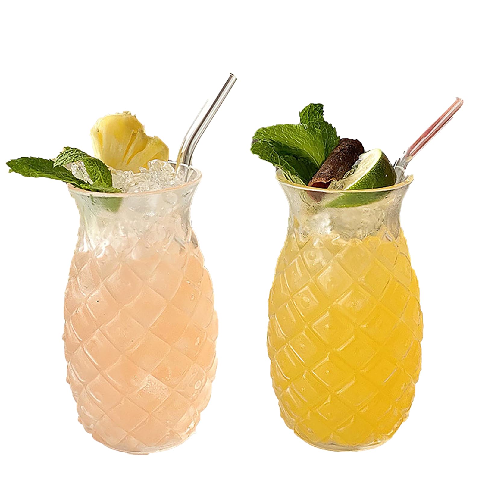 QVK Set of 2 Pineapple Shaped Cocktail Glasses with Straws Drinkware, Vintage Embossed Pineapple Cups for Cocktails, Wine, Juice, Water, Milk