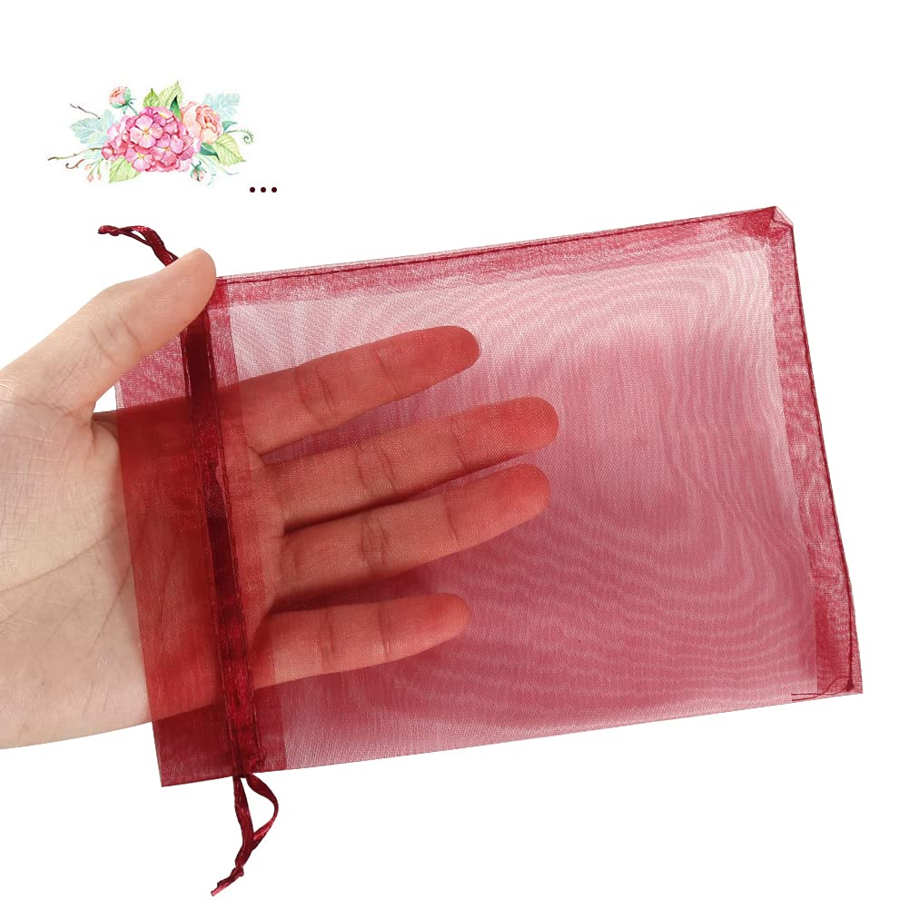 HRX Package 100pcs Organza Bags Burgundy Red, 5x7 inch Mesh Drawstring Gift Bags Jewelry Pouches for Christmas Candy Party Favor