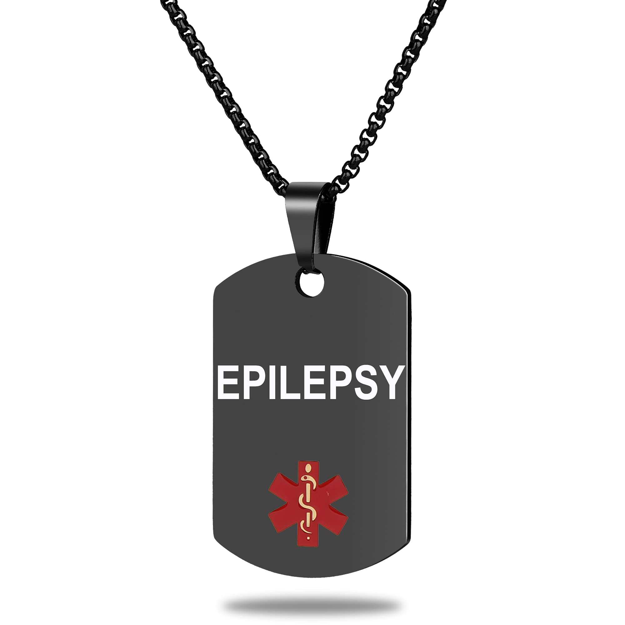 Medical Alert ID Necklace, Laser Engraved EPILEPSY, Stainless Steel Tag Pendant with 23.6 inch Chain for Men Women Emergency First Aid