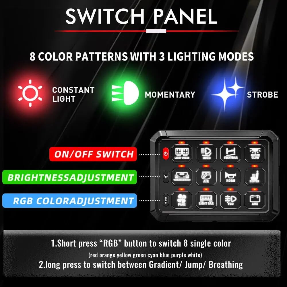 Lenksäule Blinker Lichtschalter Fit Für Autos Lkw Boot UTV 4X4 4WD 12/8 Gang Schalter Panel RGB Led Arbeit Licht DIY Bar box Controller(12 Gang)