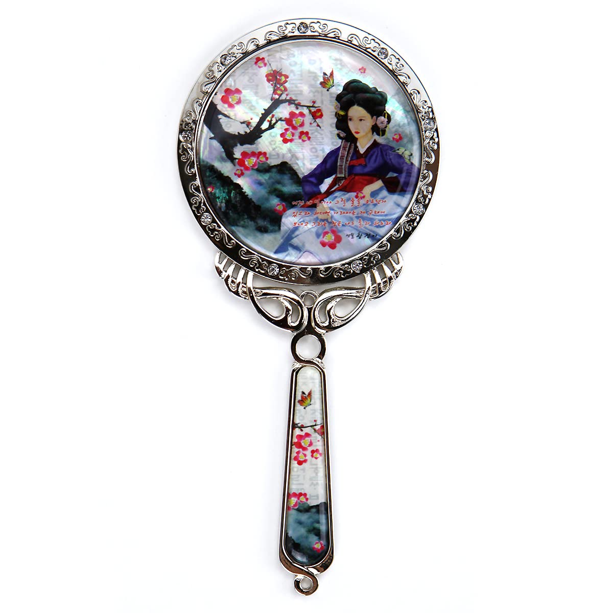 Hand Held Mirror with Beautiful Korean Pouch–150 x 70 x 5mm Rose Vintage Mirror for Traveling, Makeup, Vanity – Natural Eco-Friendly Mother of Pearl Coating – Rustproof Iron Table Mirror, Korean woman