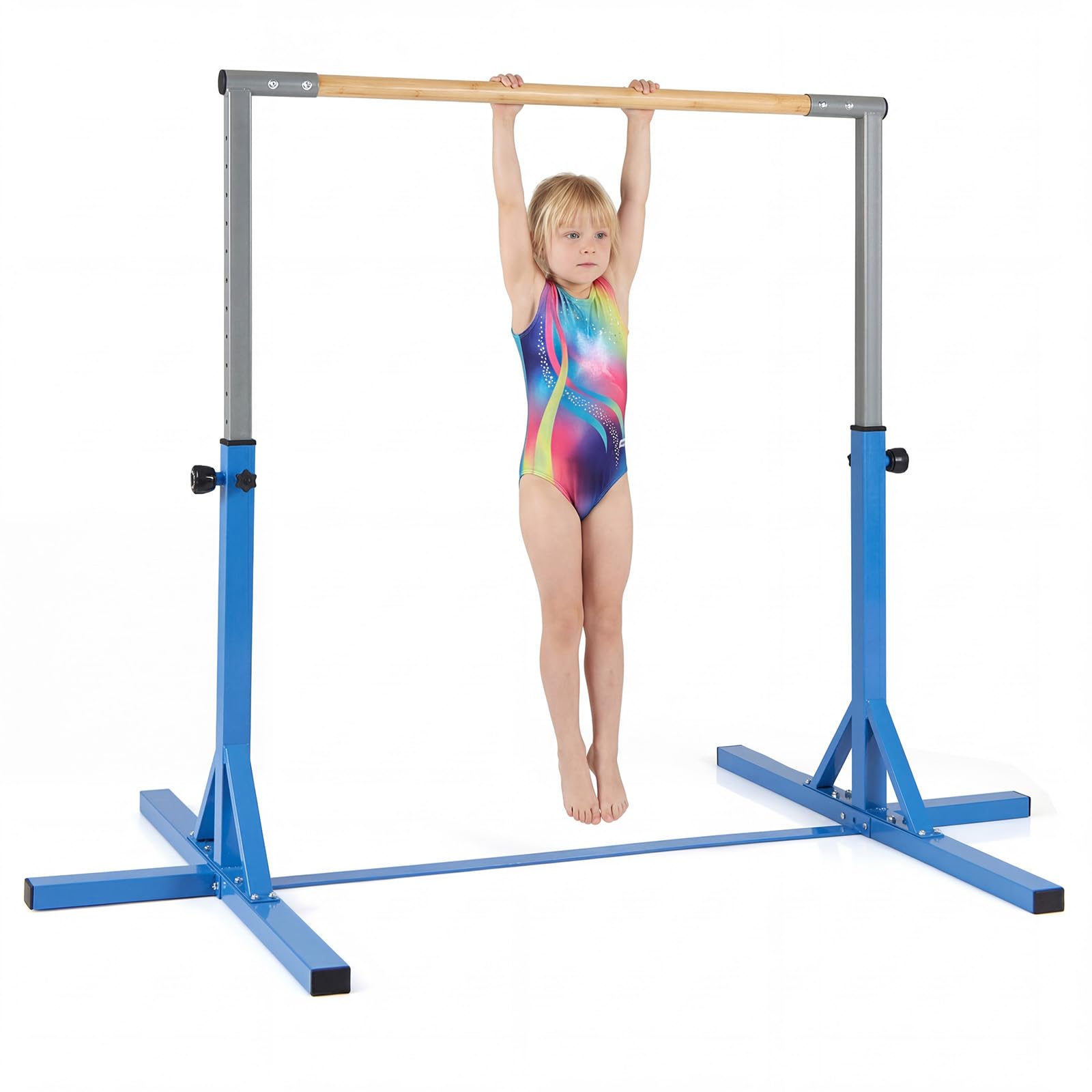 COSTWAY Gymnastics Training Bar, 85-145cm/90-150cm Height Adjustable Horizontal Kip Bars with Non-slip Pads, Home Gym Sports Equipment for Kids Juniors (85-145cm, Blue)
