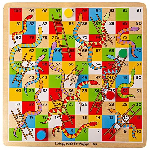 Bigjigs Toys Traditional Snakes and Ladders Game - Quality Snake and Ladders Family Games for Kids and Adults, Up to 4 Players, Board Game Includes Counters & Dice Cover