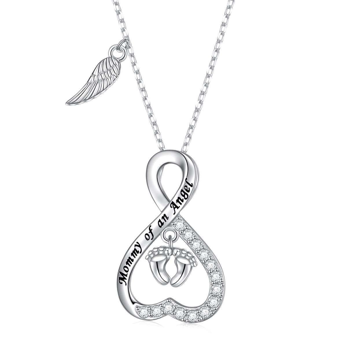 DAOCHONG Collar de plata de ley 925 con diseño de alas de ángel, huella de corazón infinito, collar de mamá de ángel, para pérdida de niños, embarazo, aborto espontáneo, joyería conmemorativa de