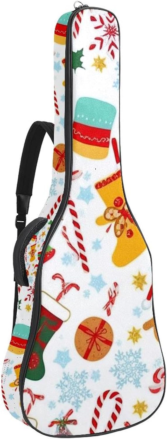 40/41/42-inch Cartoon Christmas Acoustic Guitar Bag With Adjustable Shoulder Strap And 2 Storage Bags. Guitar Bag With Back Hanging Loop, Electric, and Classical Guitars