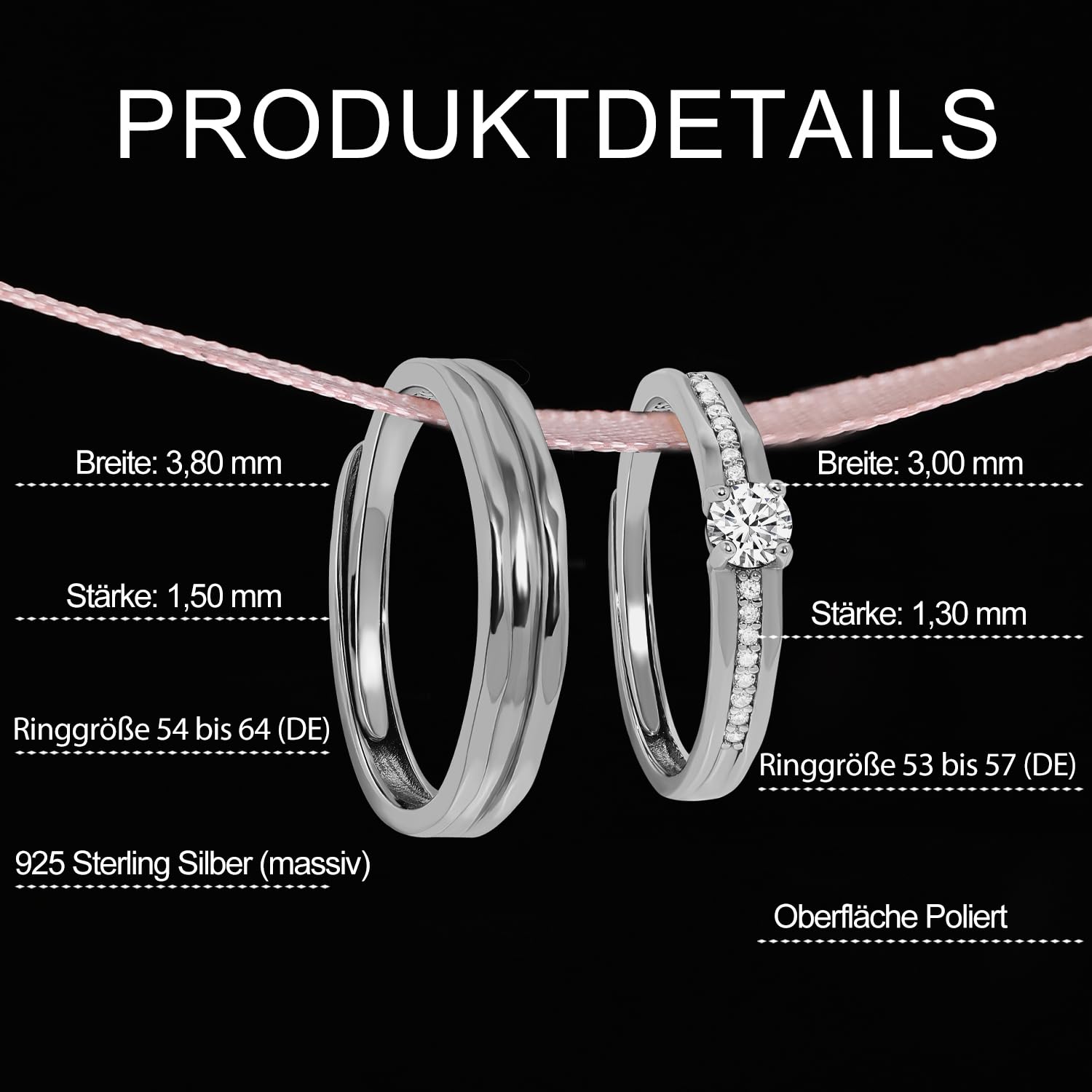 Meissa 925 Sterling Silber Breite Eheringe für Herren, handgefertigter Diamantring für Damen, passende Versprechensringe größenverstellbares Paar-Ring-Set